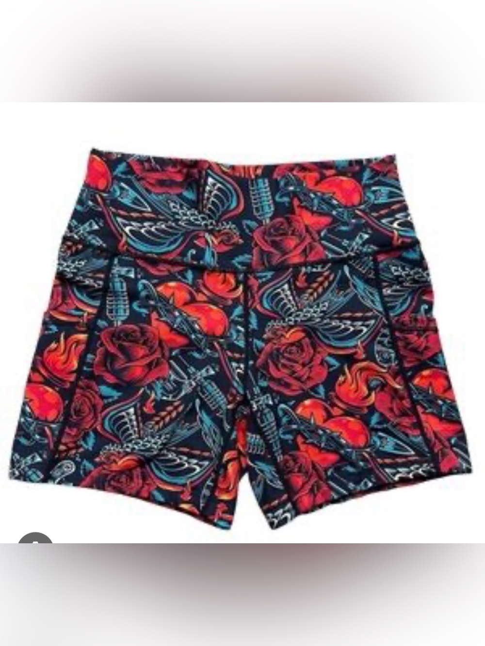 CVG “Vintage Tattoo” Floral & Swallow Print Women’s 5 in shorts - Red/Blue, Sz L